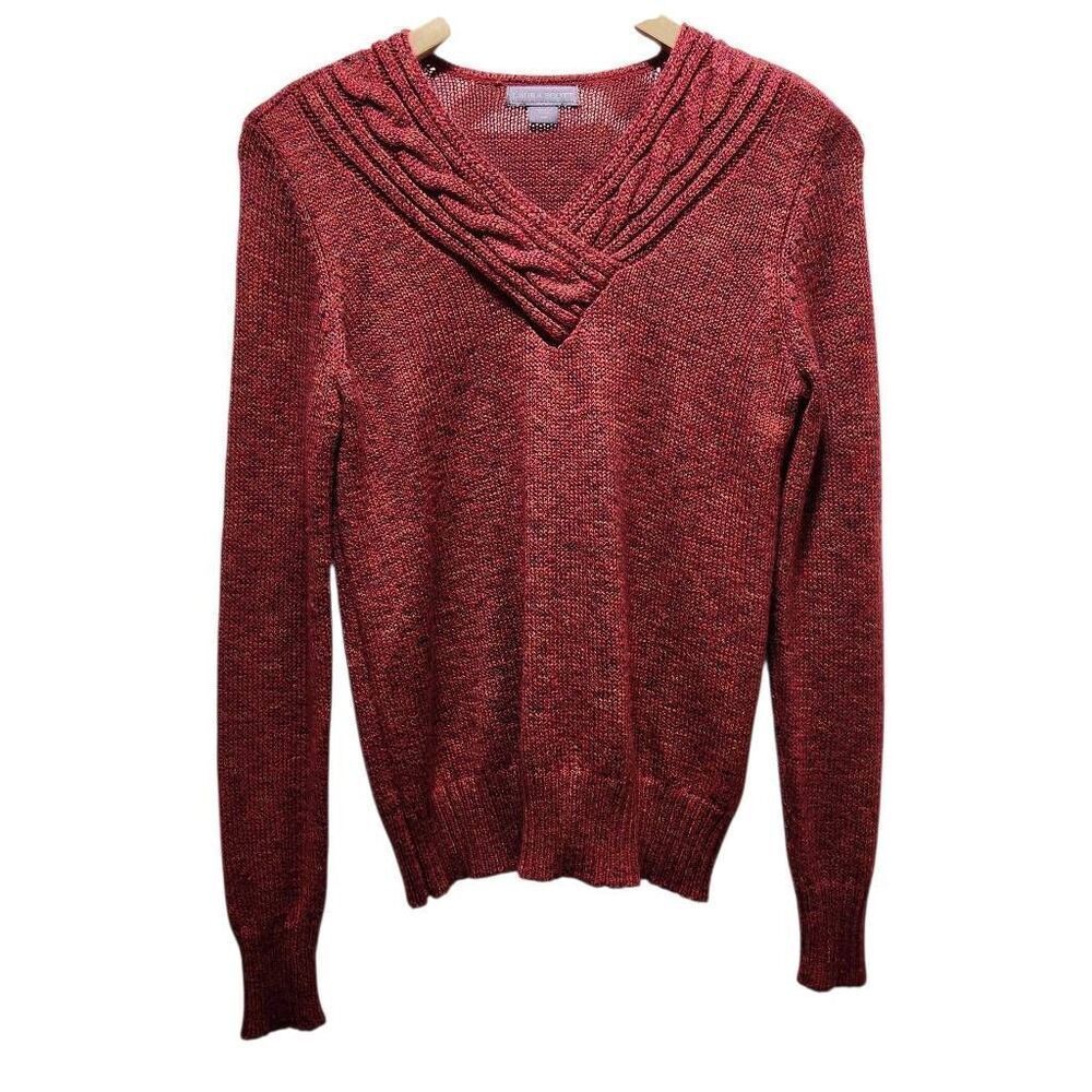 Laura‎ Scott knit sweater heathered red with vneck cable knit collar small